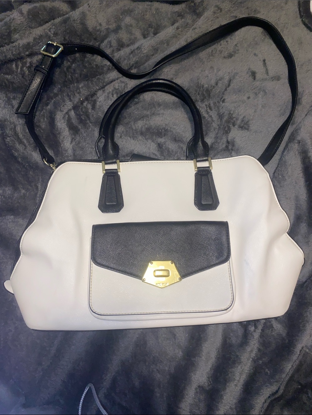 Nine West Black and Cream Structured Satchel with Gold Hardware